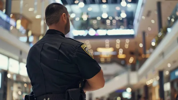 Mall security guard ensuring safety and vigilance on patrol. Security guard monitoring the area while on duty at a shopping mall.