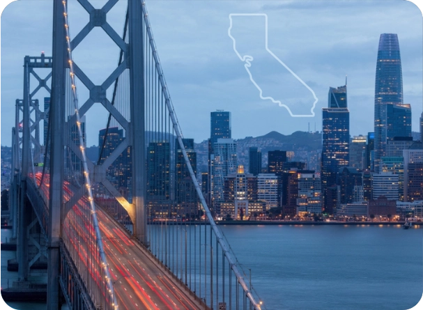 The San Francisco Bay Bridge leading into the city skyline, with a California state outline representing security training opportunities
