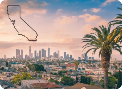 A scenic view of Los Angeles, California, with a skyline and palm trees, featuring an outline of the state of California