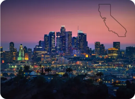 A nighttime view of the Los Angeles skyline with a California state outline, representing security training opportunities