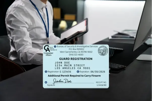 Online Guard Card – California Registration Sample | Guard Training California guard registration card on desk, illustrating online guard card training and certification from Guard Training.