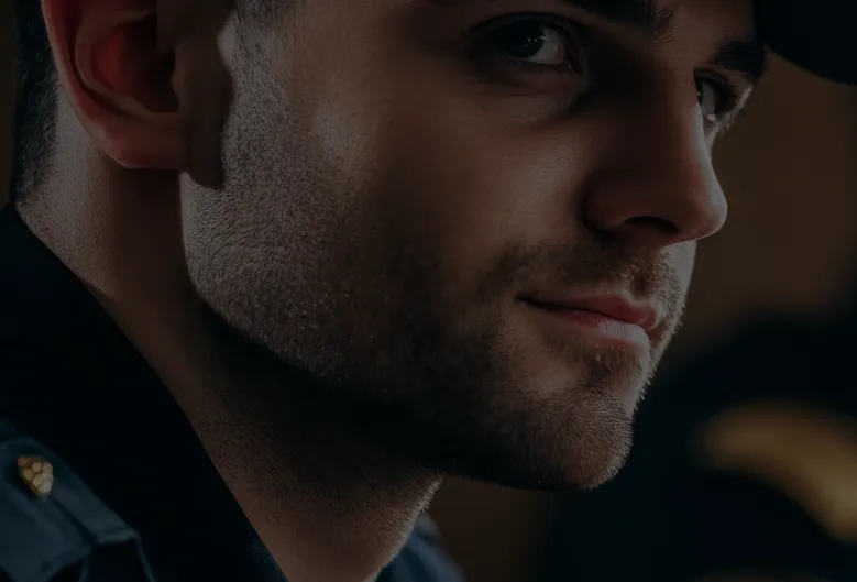 Close-up of a confident young male security guard in uniform — Guard Training online certification.