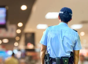 A uniformed security guard patrolling a retail store, ensuring customer and store safety