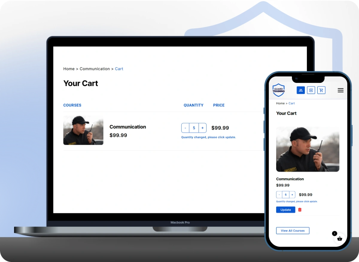 Guard Training platform cart interface on laptop and mobile, showcasing affordable communication course for company training