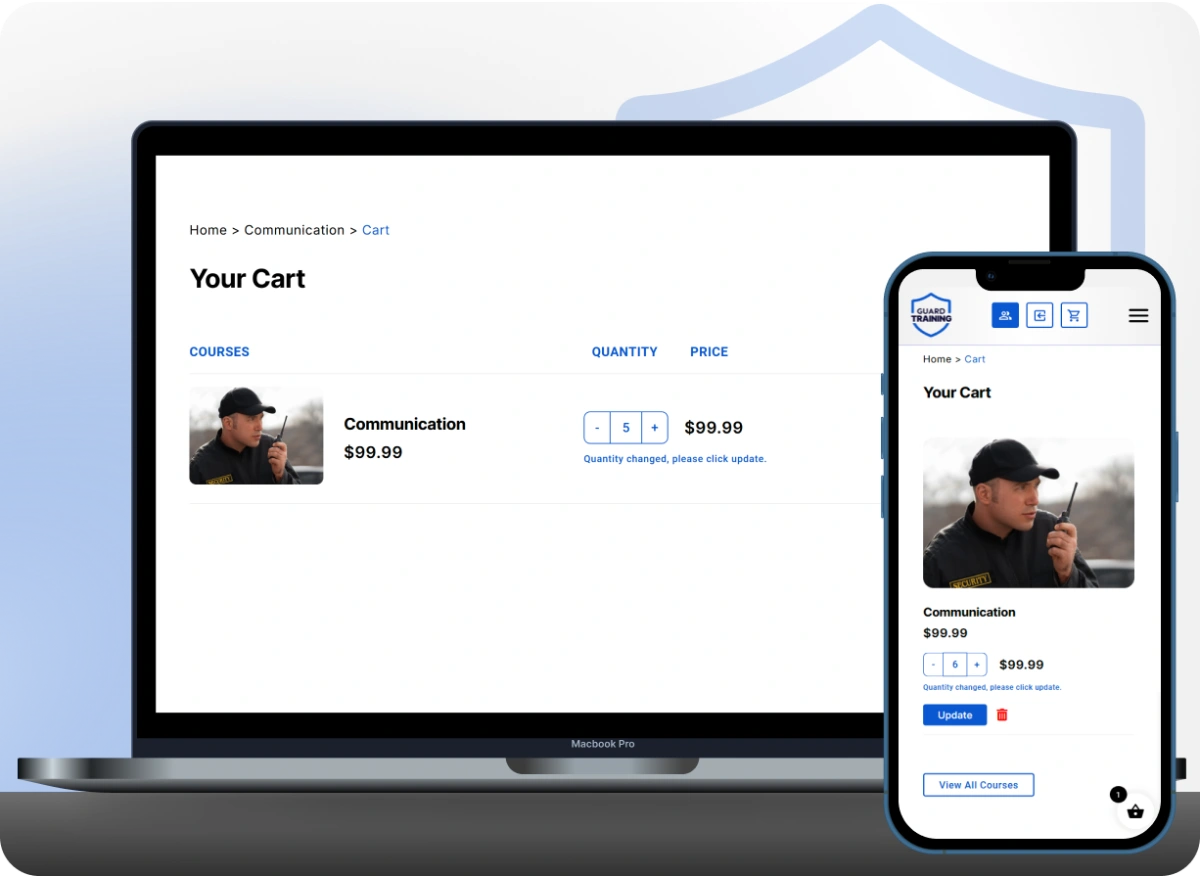 Guard Training platform cart interface on laptop and mobile, showing affordable pricing