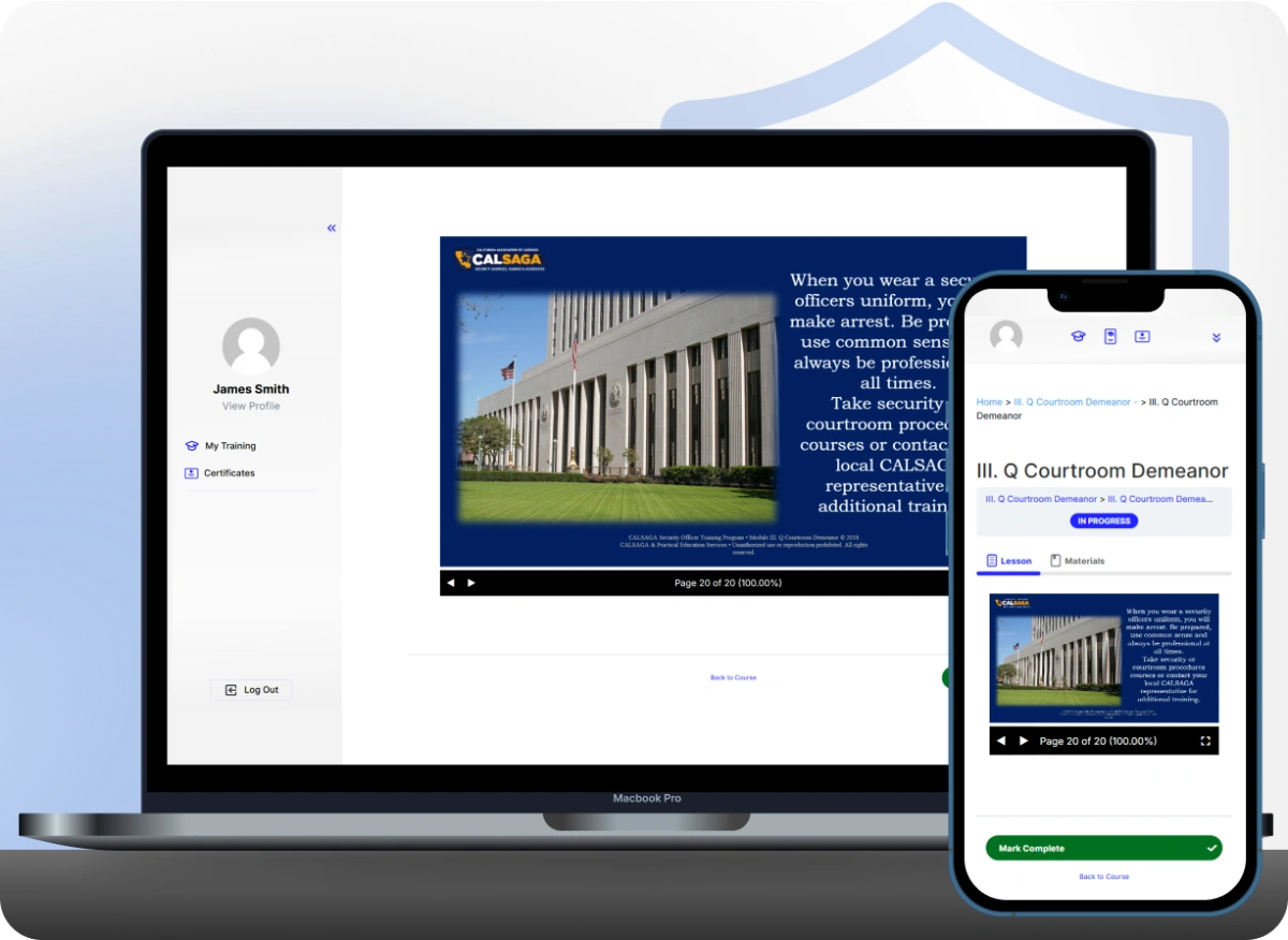 Guard Training platform on laptop and mobile, showing individual course progress for courtroom demeanor training