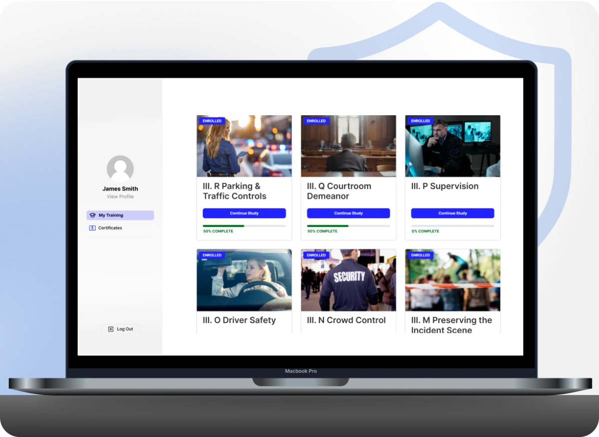 Guard Training platform course dashboard on laptop, showing individual security training modules for professional development.