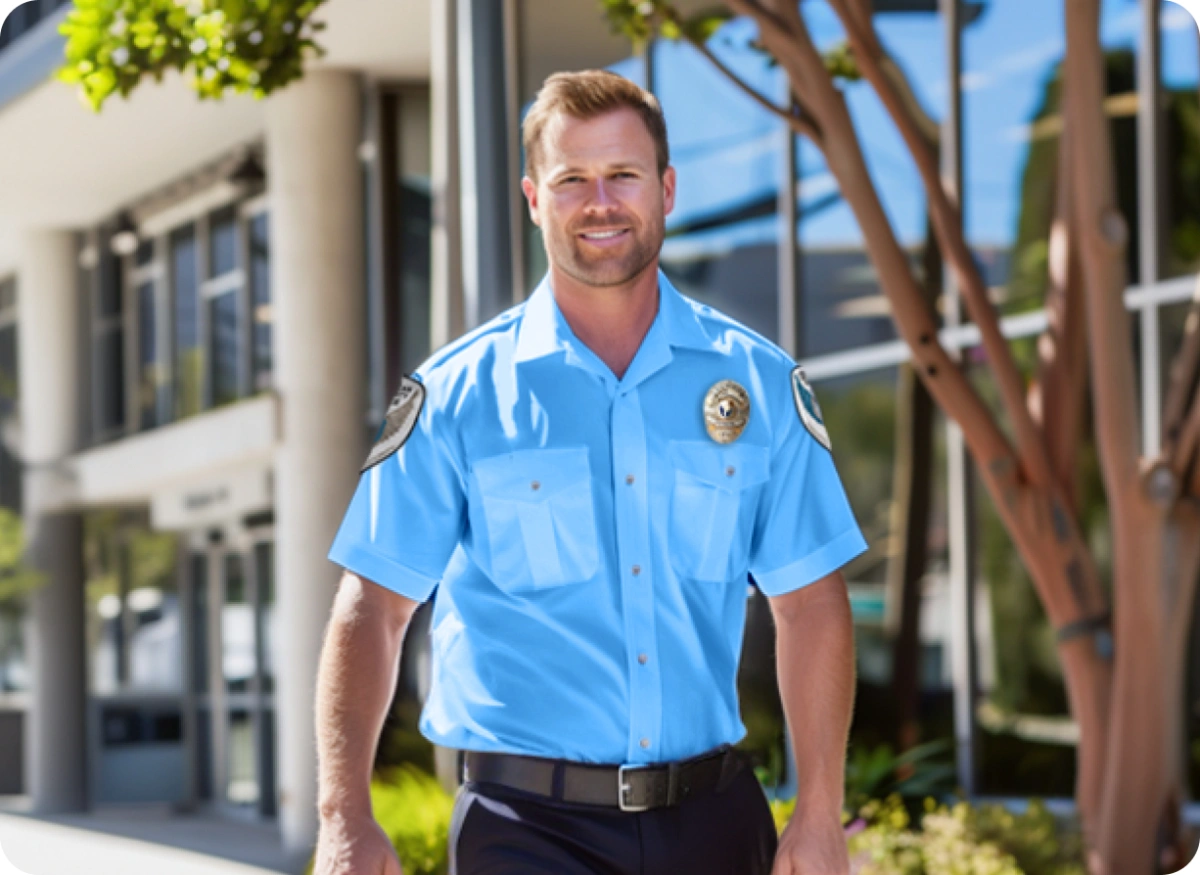 Guard in uniform standing in front of a building