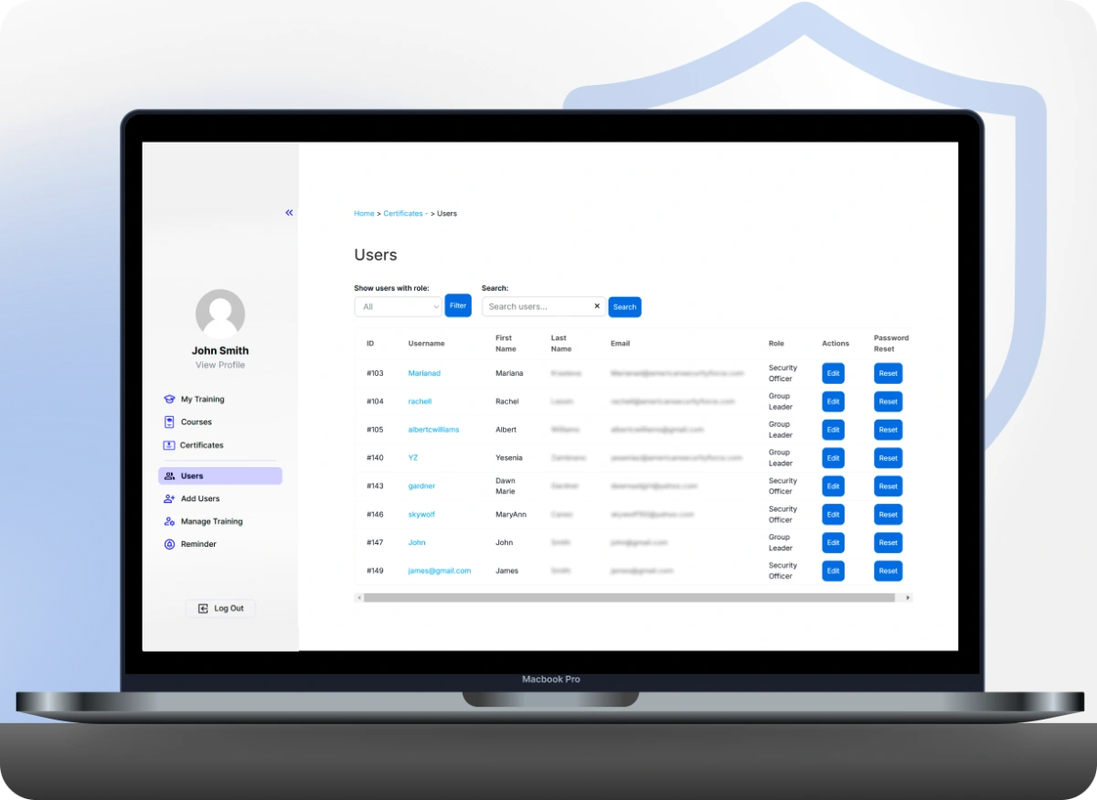 Guard Training platform user management interface on laptop, tailored for companies managing employee training.