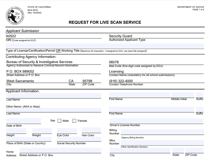 California Live Scan request form for security guard background check and licensing.