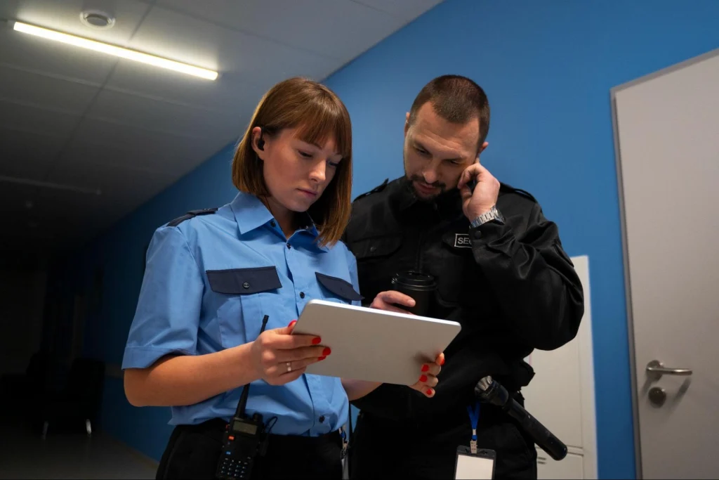 Two security guards reviewing information on a tablet while on duty.