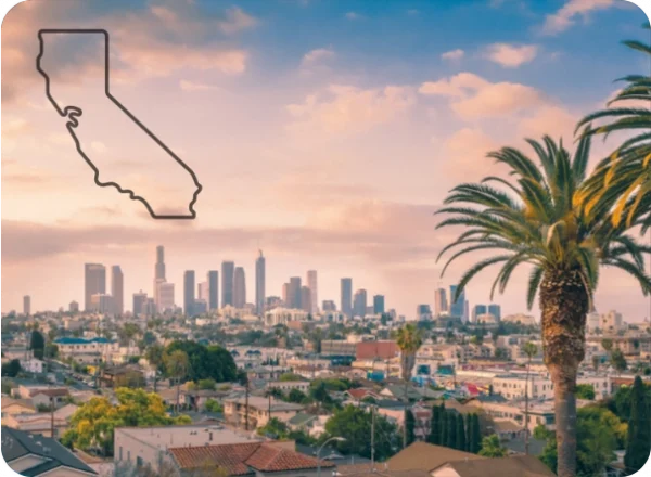 A scenic view of Los Angeles, California, with a skyline and palm trees, featuring an outline of the state of California