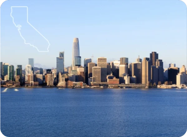 A view of the San Francisco skyline with the California state outline, representing security training opportunities.