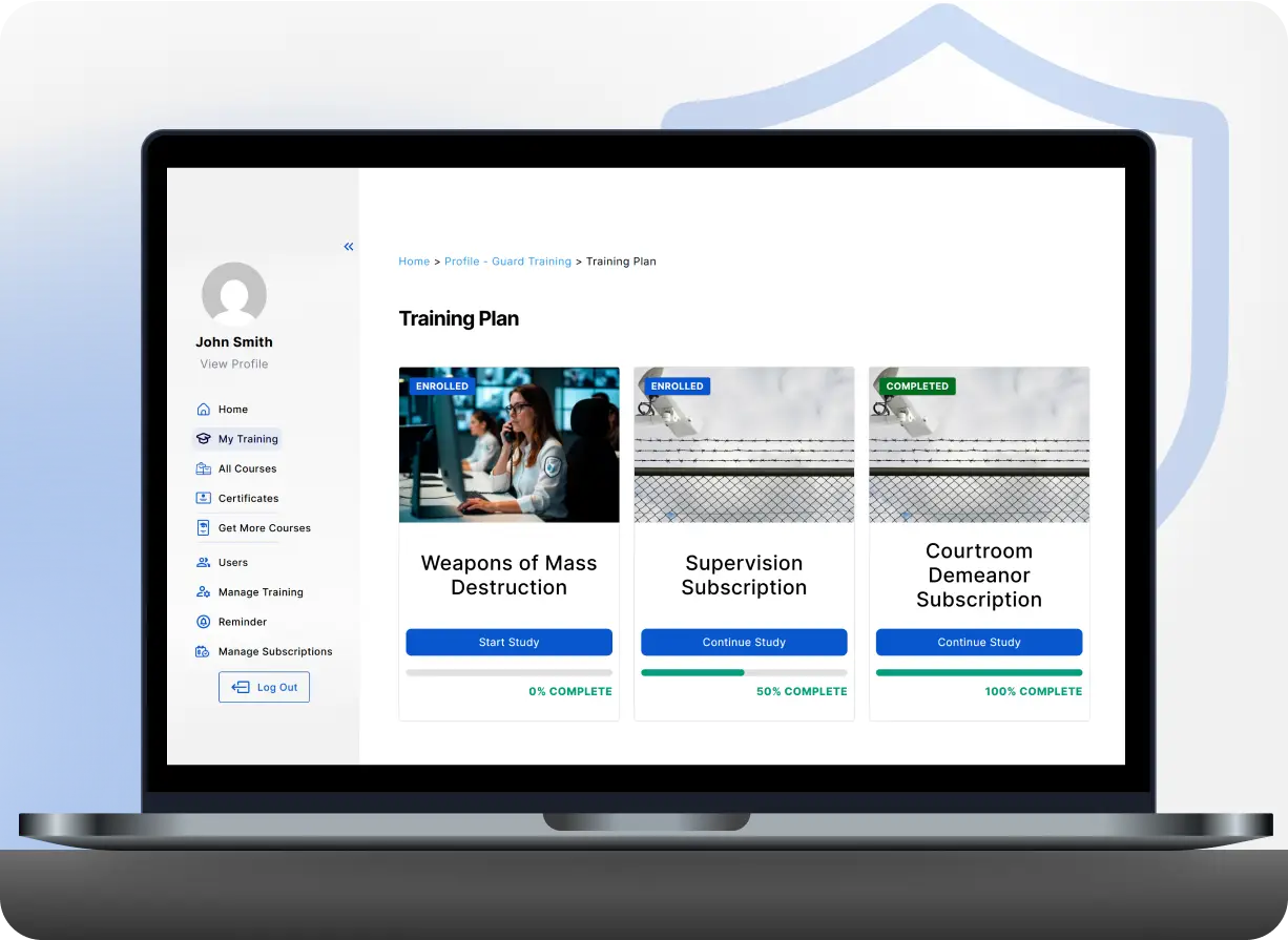 Guard Training platform interface showcasing easily accessible menu for certificates and courses<br />
