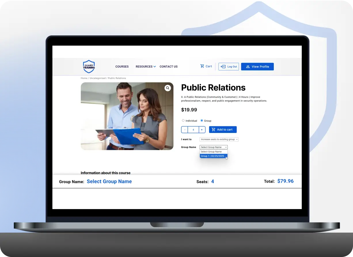 Guard Training Platform - Affordable Course Purchase for Communication Training Guard Training platform cart interface on laptop and mobile, showing affordable pricing<br />