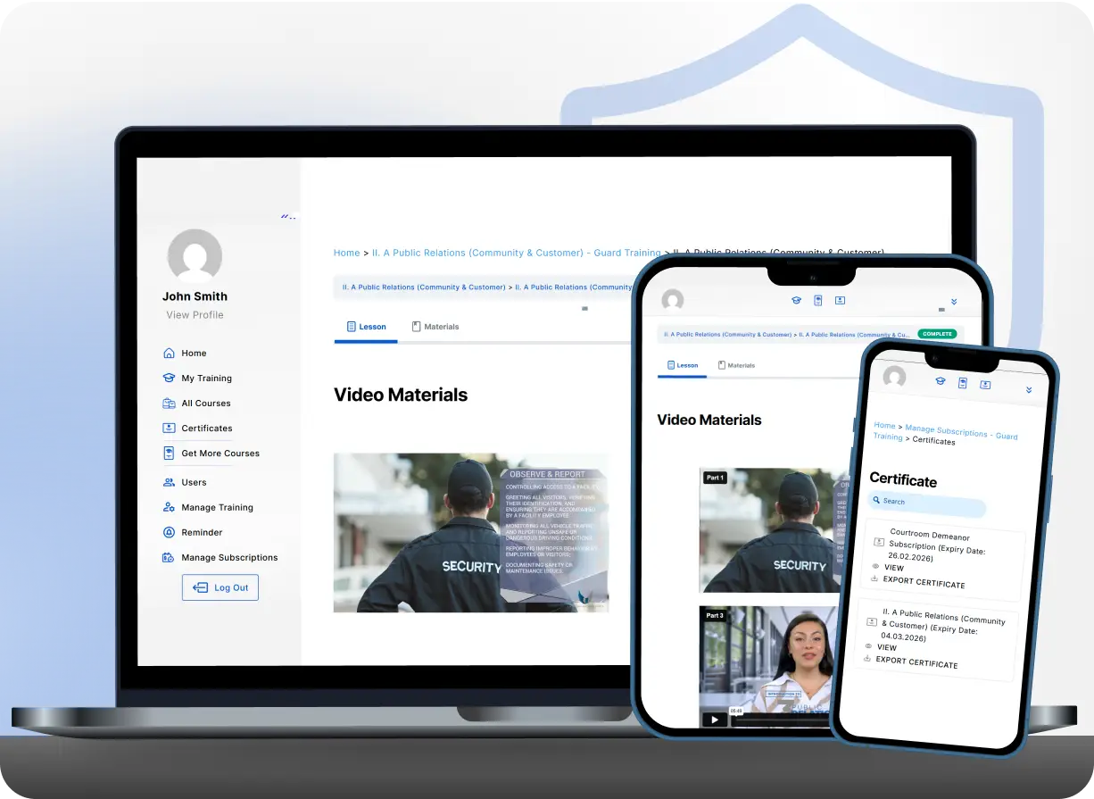 Guard Training Platform - Mobile-Friendly Design Guard Training platform interface displayed on laptop and mobile devices, highlighting mobile-friendly design