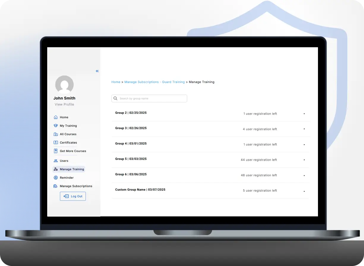 Guard Training Platform - User Management for Companies Guard Training platform user management interface on laptop, tailored for companies managing employee training.