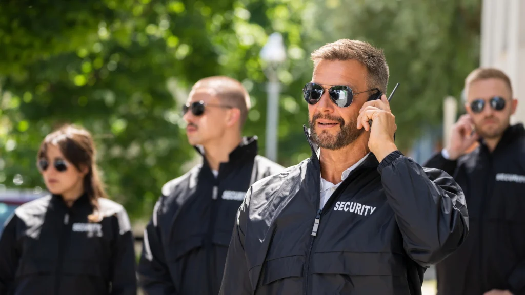 A team of professional security guards wearing black uniforms and sunglasses, with one speaking into an earpiece during outdoor training.