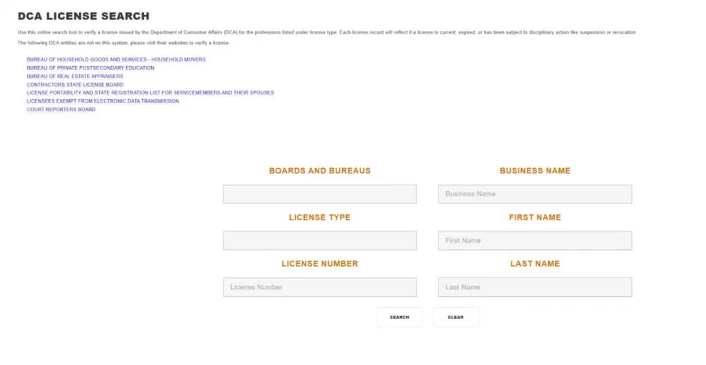 California DCA license lookup tool interface for searching security guard or business license records online with Guard Training.