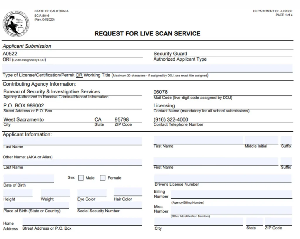 California Live Scan form for security guard applicants, required for background checks during online certification with Guard Training.
