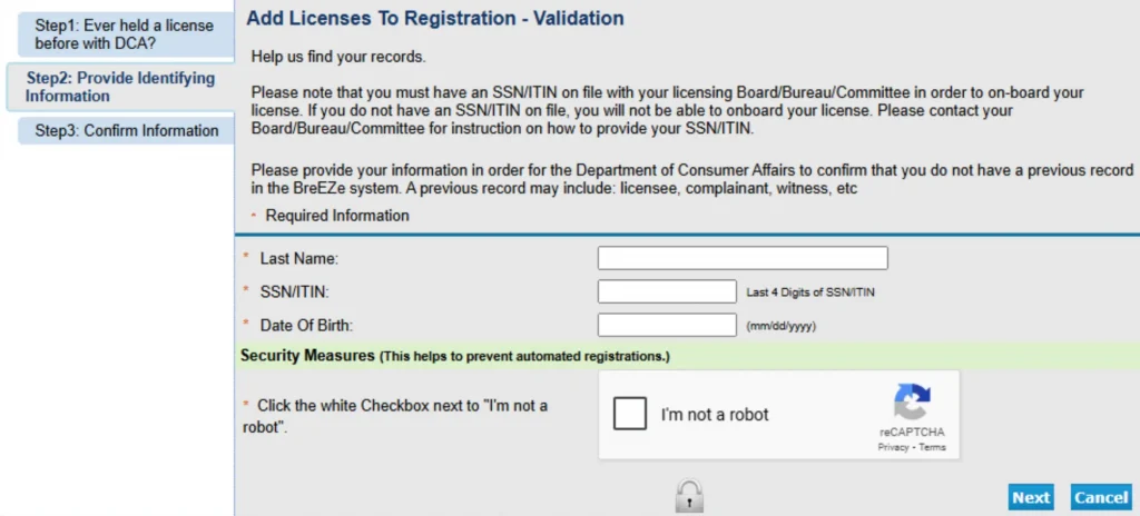 Online form for California security guard license registration in BreEZe system, showing required fields for Guard Training users.