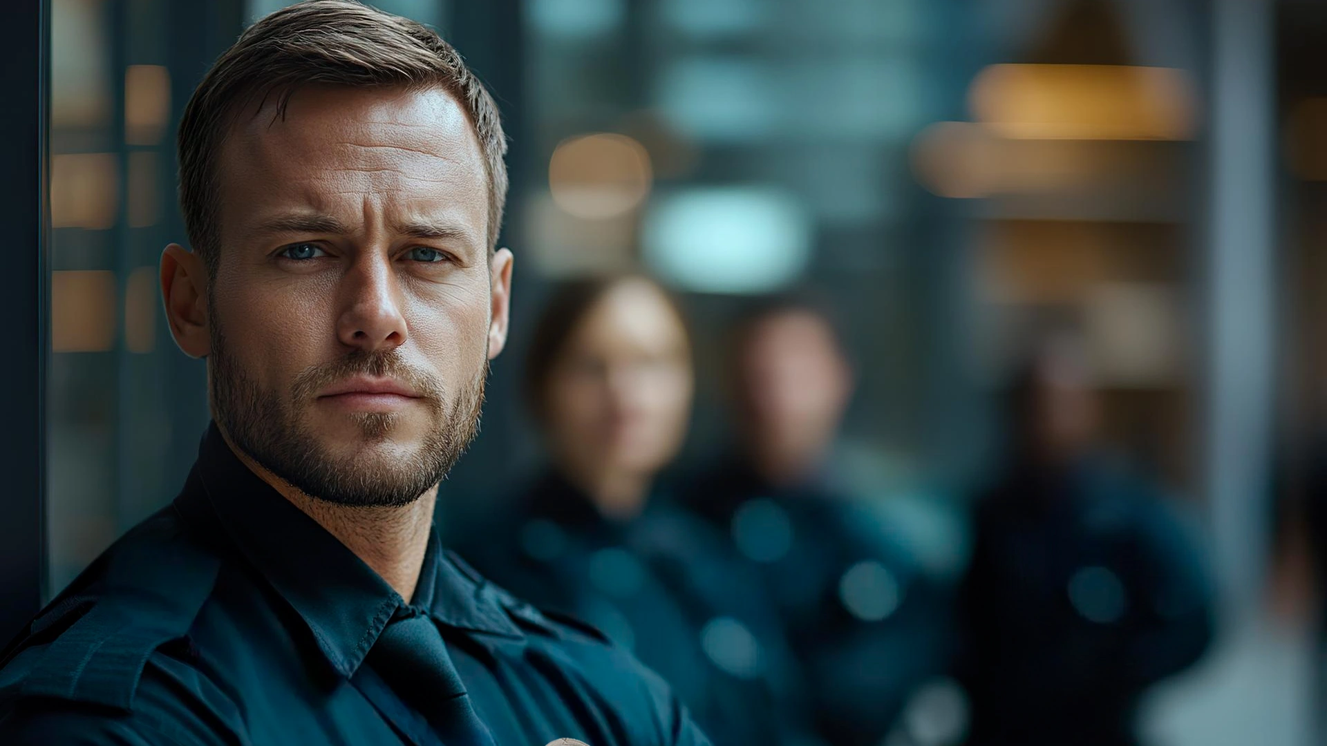 Professional security guard team from American Security Force during a guard performance evaluation at a corporate facility.