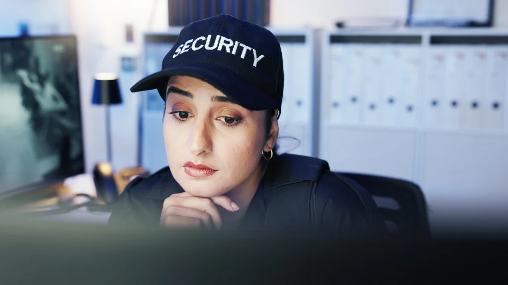 Female security guard in orientation, concentrating on her training module.