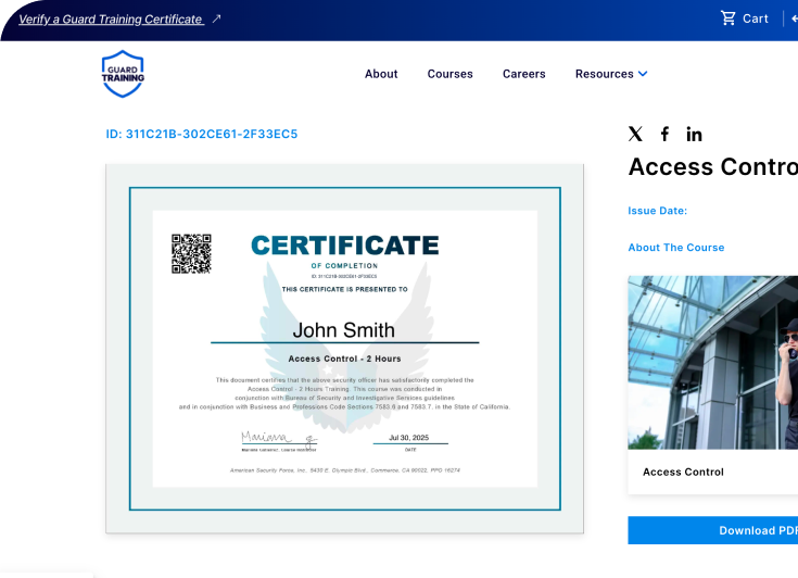 Access control course completion certificate issued by Guard Training to a security professional