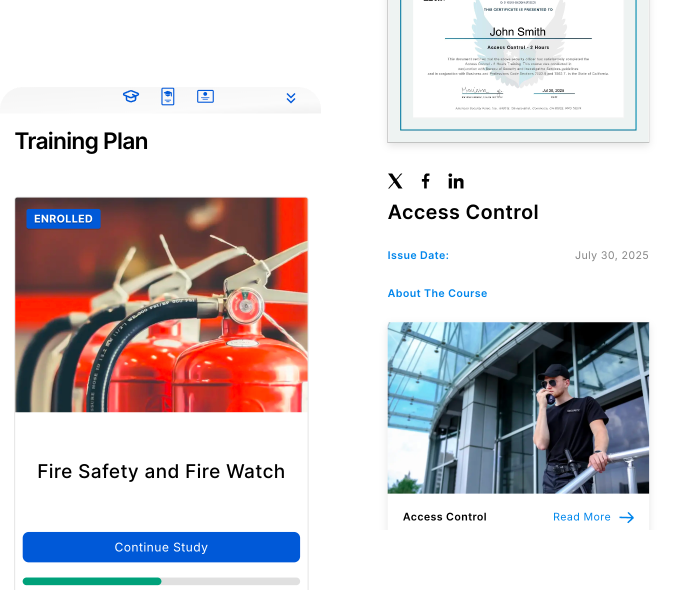 Mobile view of Guard Training showing fire safety course enrollment and access control training certificate