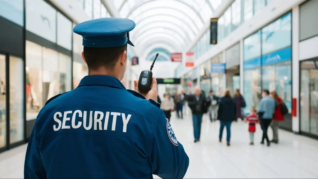 Trained mall security guard on duty using a radio, representing career opportunities from Guard Training