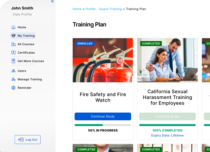 Guard Training online dashboard showing enrolled courses such as fire safety, harassment prevention, and workplace compliance training