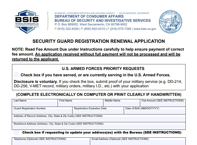 California BSIS security guard registration renewal application form used for license updates – Guard Training