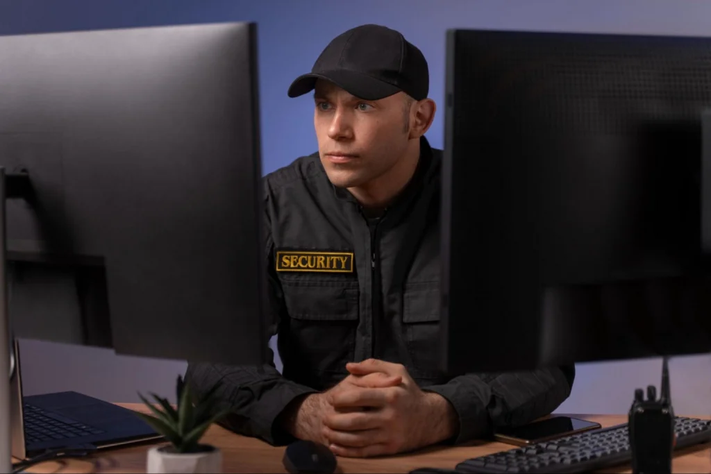 Security guard monitoring surveillance screens during online security training session by Guard Training