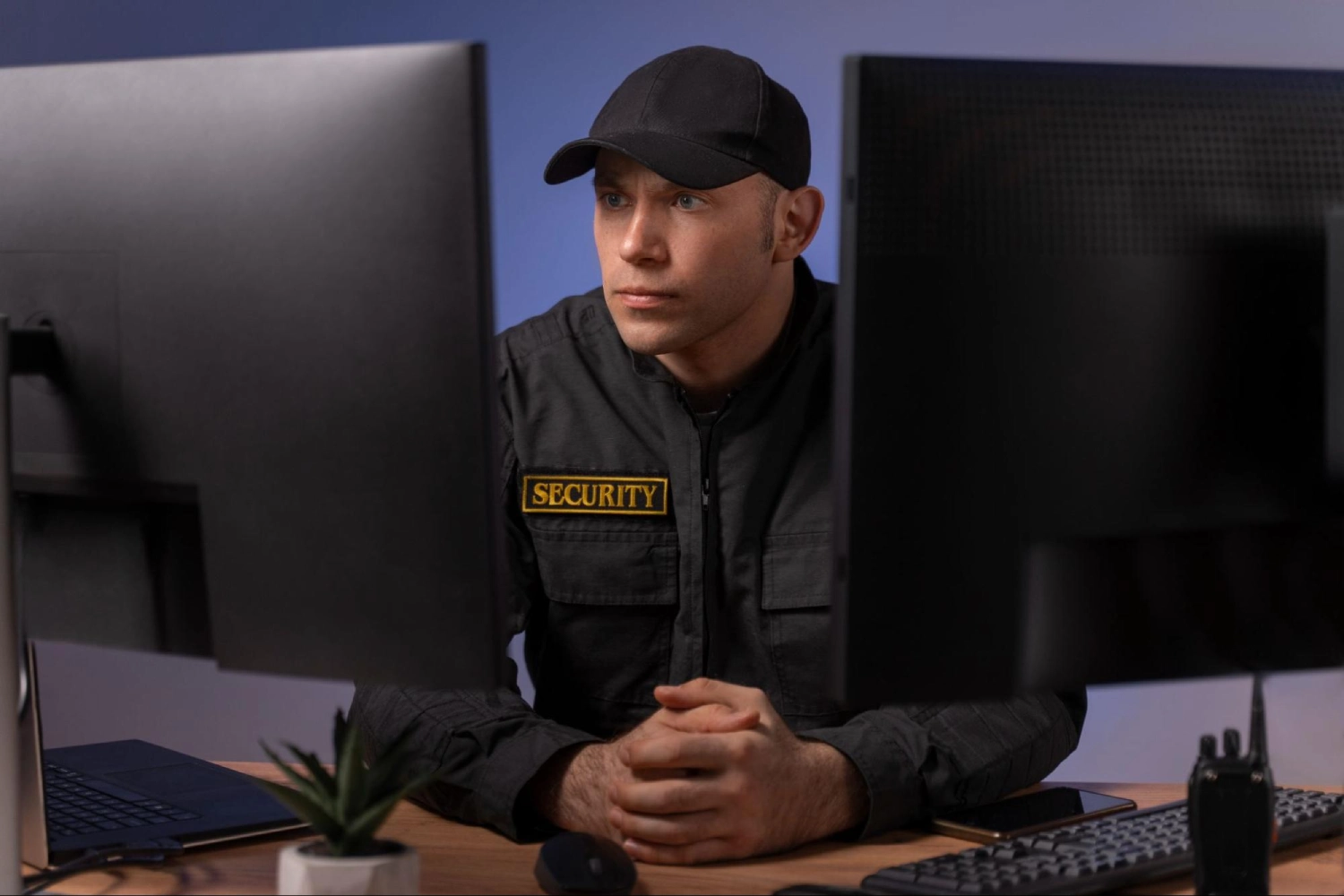Security guard monitoring surveillance screens during online security training session by Guard Training