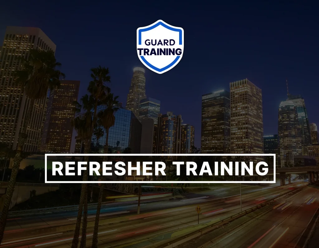 A blog cover, representing guard refresher training with a nighttime city skyline with the Guard Training logo.
