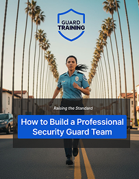Guard Training cover image showing a female security officer running confidently with palm trees lining the street, promoting a guide on building a professional security guard team.