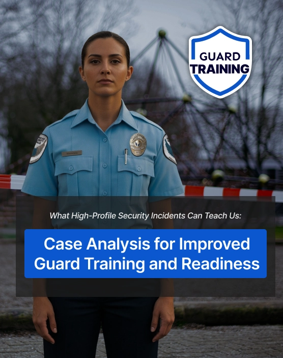Female security officer standing at a secured scene demonstrating case analysis techniques in a Guard Training guard training video for improved readiness