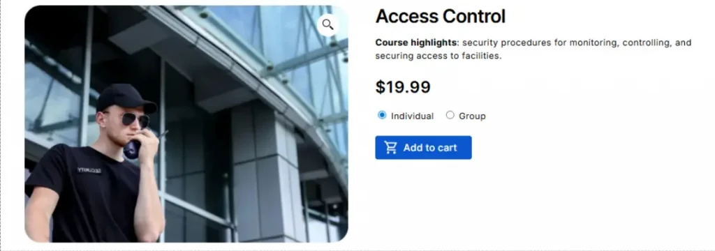 Security guard using radio outside commercial building for access control course – Online security training by Guard Training