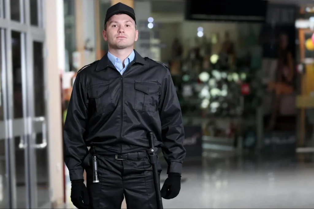 Professional security guard on duty inside commercial building – Online security training by Guard Training