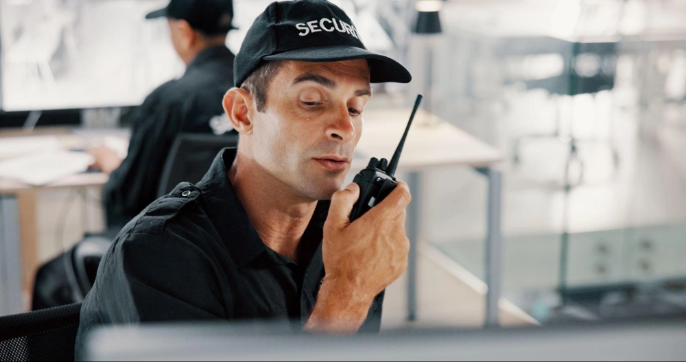 Security guard using two-way radio for communication during shift as part of Guard Training online security training video