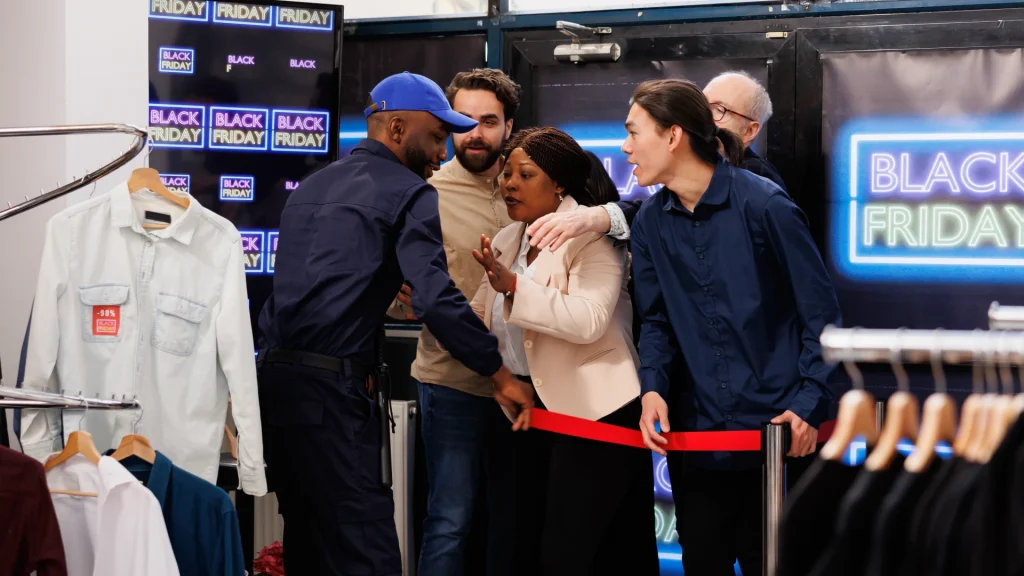 A security guard limiting access to buyers, entering clothing shop