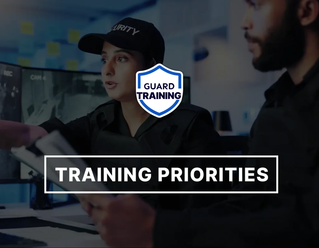 Female security officer reviewing live CCTV footage during online guard training at a security operations center