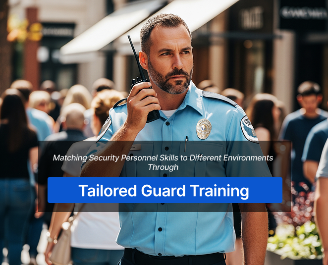 Security guard using two-way radio during on-site patrol – online security training by Guard Training