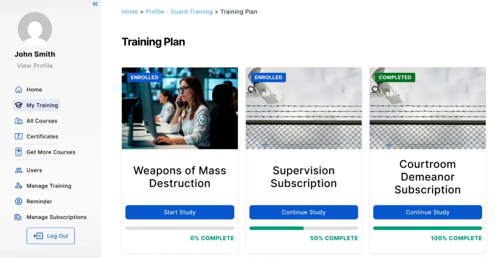 Online security training dashboard showing guard training courses, study progress, and certificates