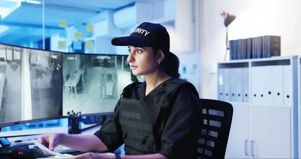 Female security guard monitoring CCTV surveillance screens in a control room during online security training