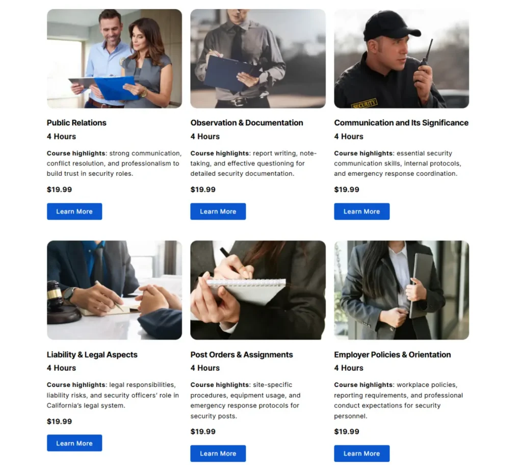 Security professionals reviewing documents during public relations training for security guards