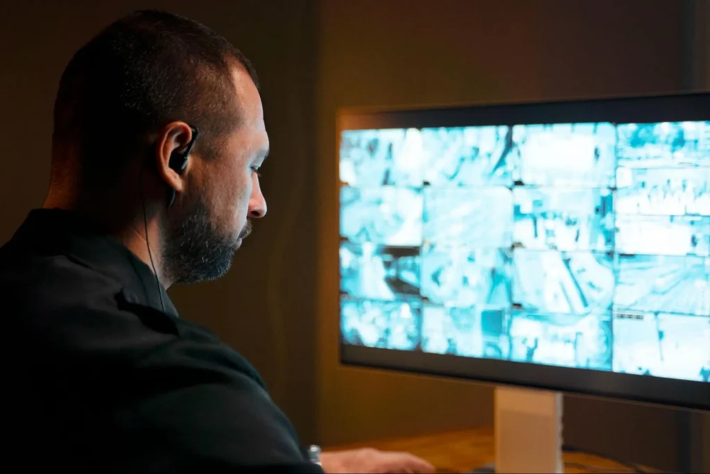 Security guard monitoring CCTV screens in control room during Guard Training online security course