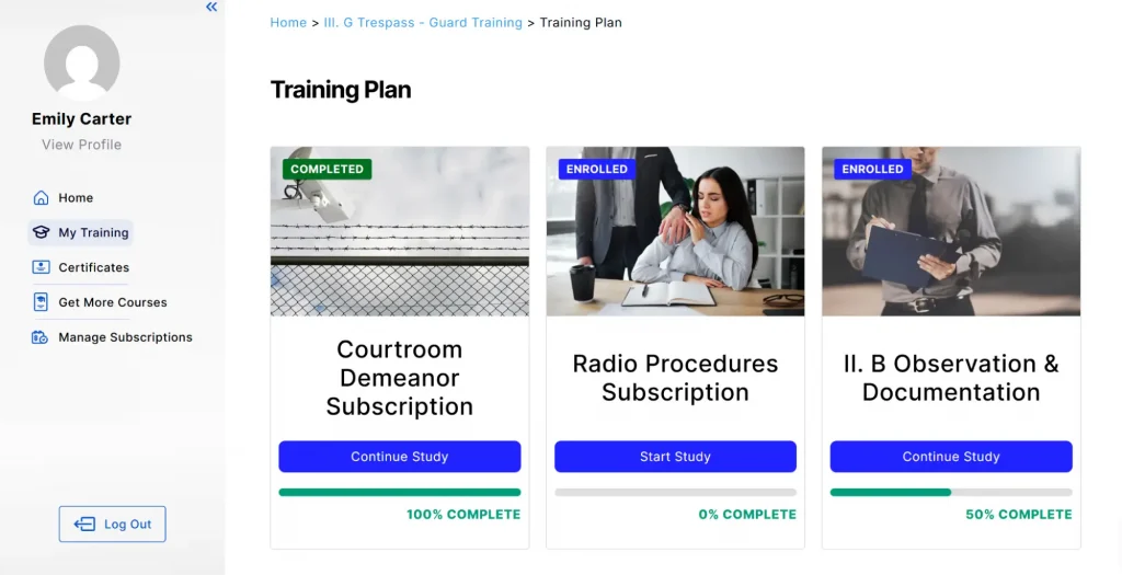Guard Training dashboard showing online security training courses and progress tracking