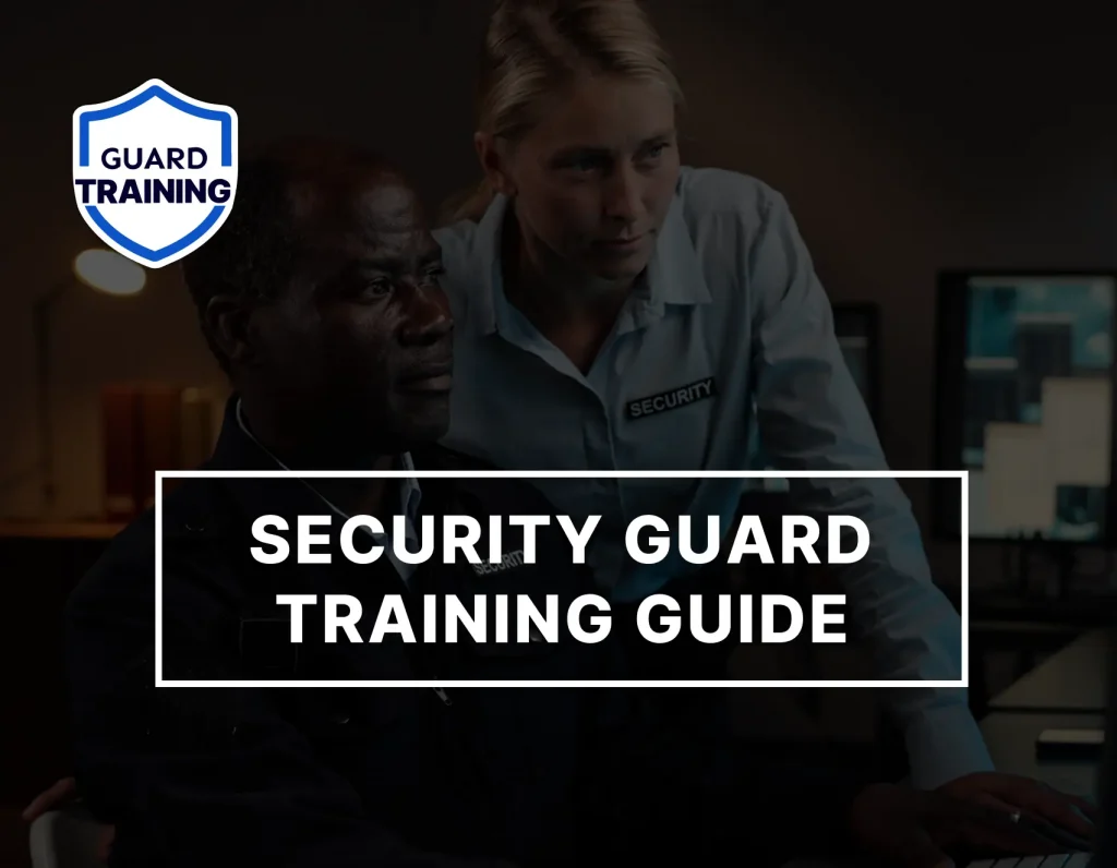 Security guards reviewing surveillance monitors during a security guard training guide course by Guard Training