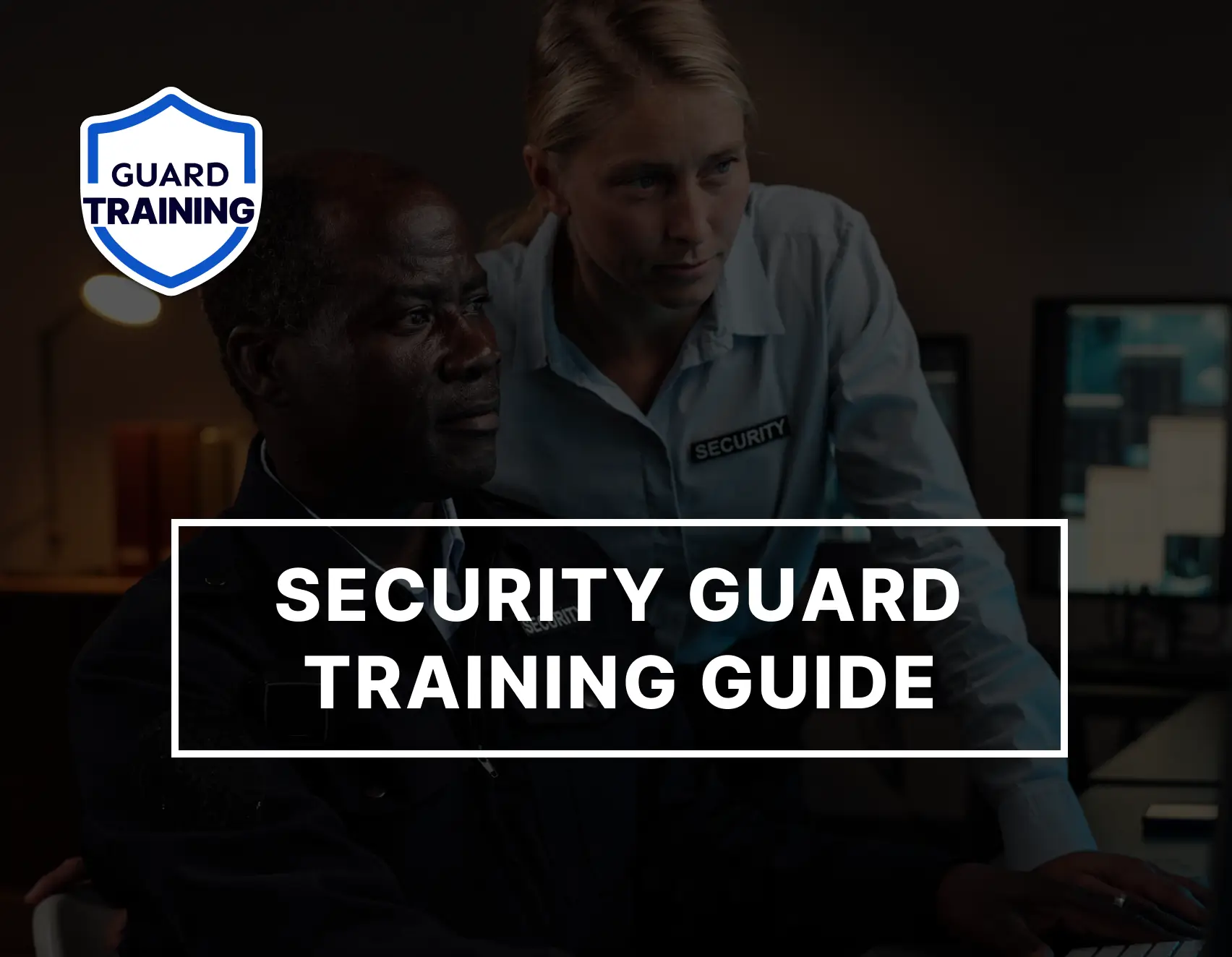 Security guards reviewing surveillance monitors during a security guard training guide course by Guard Training